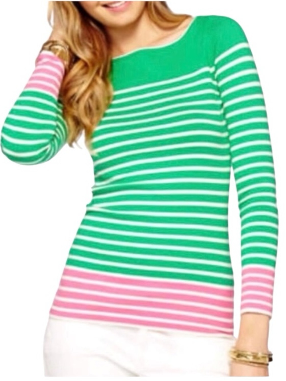 Lilly Pulitzer Maria Jade Green Pink Everglades Striped Print Boatneck Sweater S
